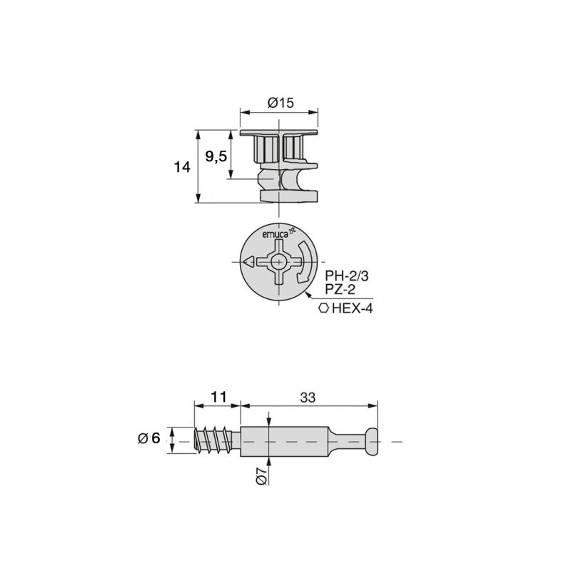 Kit Excêntricas D15 C/Perno D6mm Painel 19mm